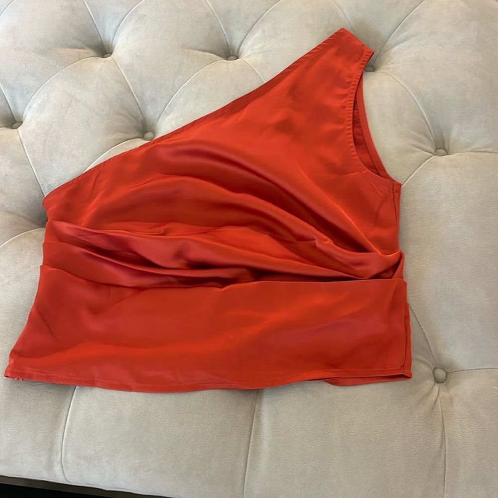 one shoulder silk crop top, side zipper, rust color